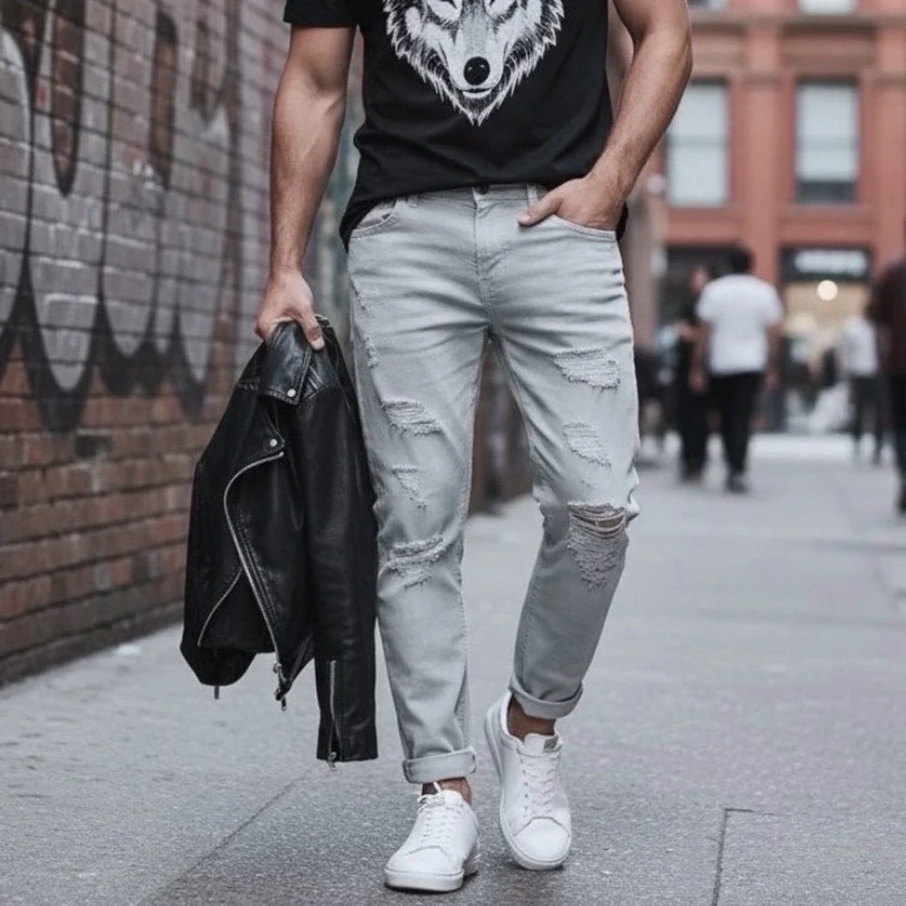 RY&WILLIAM NEW YORK Distressed‎ Grey Light Wash Denim Jeans Men W38 L32